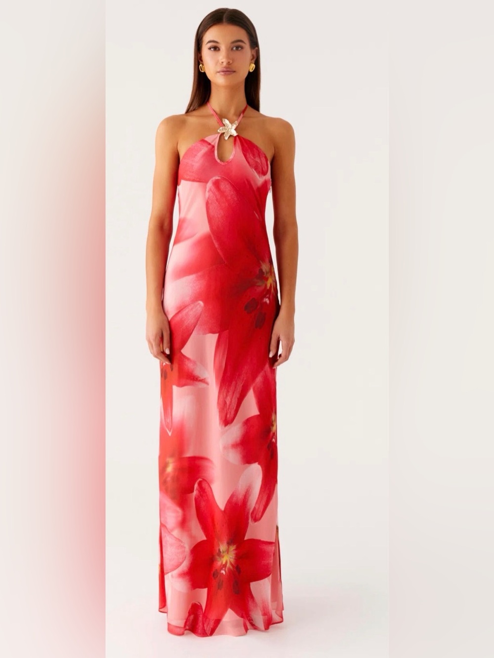 Peppermayo Red Floral Halter-Neck Maxi Dress